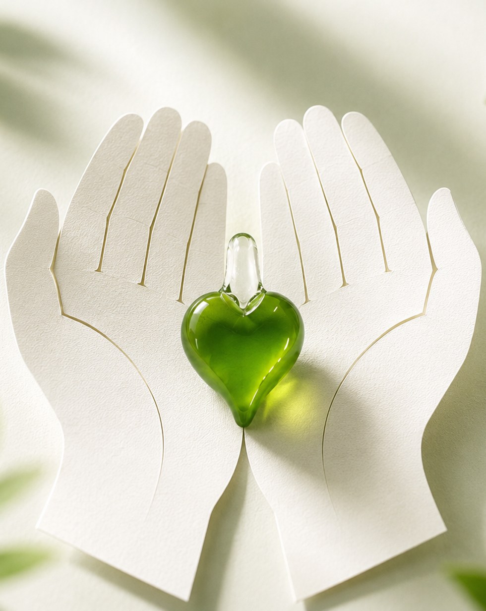 Two cupped hands cut from cream paper, holding a green glass heart with a clear loop at the top.